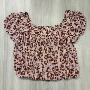 Free People Cropped Top Women Leopard Print Square Neck Smocked Puff Sleeve Sz M